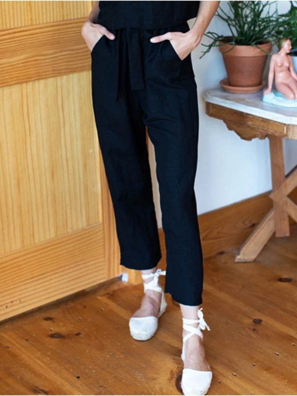 NWOT Emerson Fry Cropped Paris Paper Bag Linen Pants In Black Sizes M, XL - Picture 3 of 16
